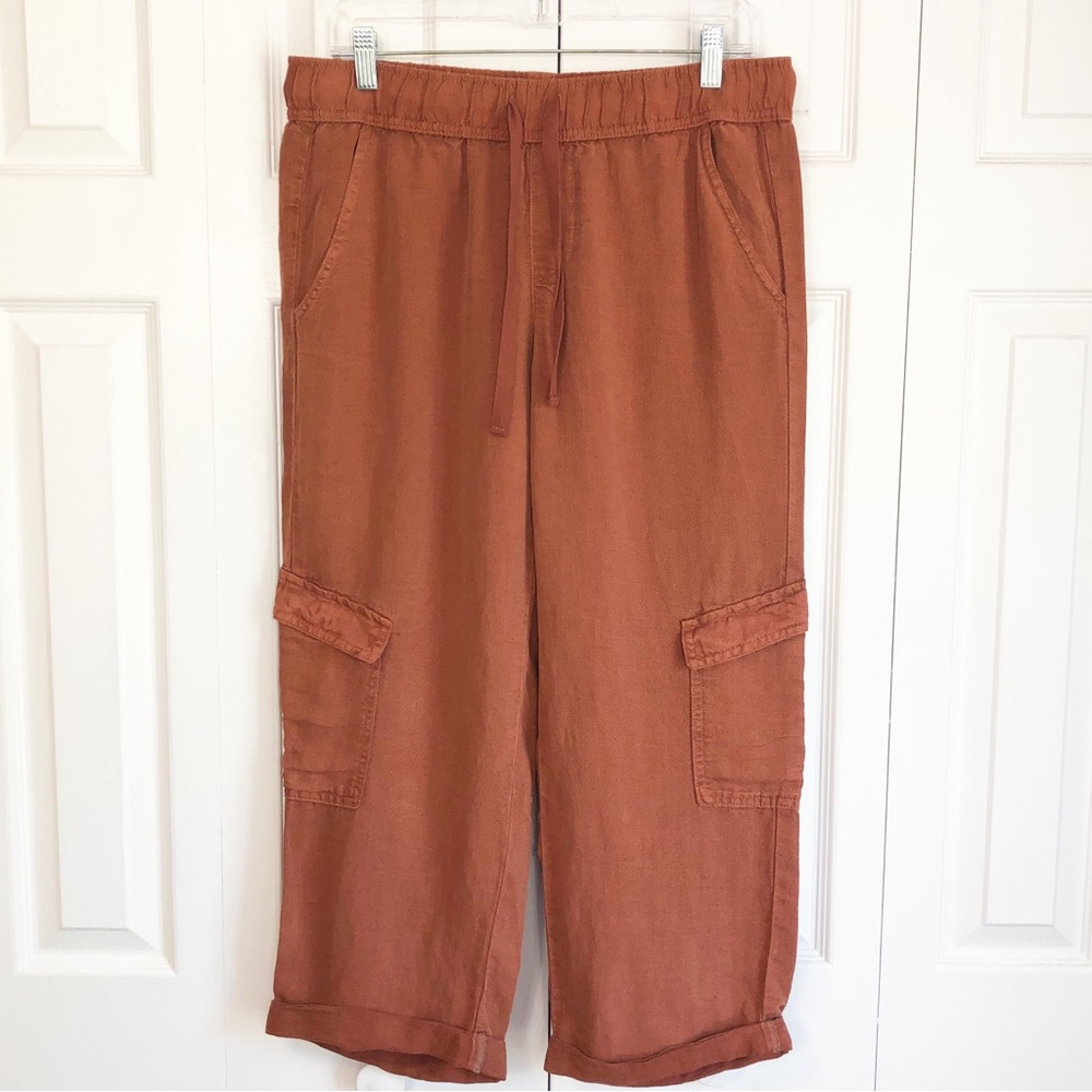 C&C California Brown Linen Blend Stretch Pull-On Cargo Capris Medium